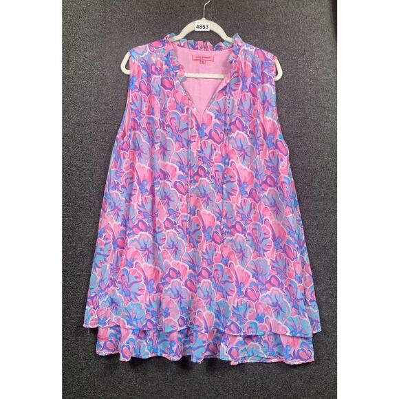 Simply Southern Tropical Leaf Mini Ruffle Tiered Dress Size XL Lined floral - Picture 1 of 7